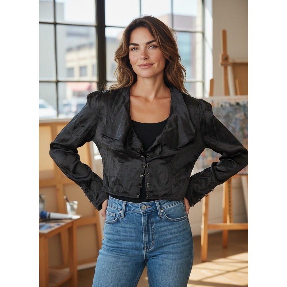 Free People Black Satin Cropped Jacket Hook & Eye Victorian Steampunk XS